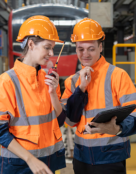 Two workers in safety gear and helmets stand in front of a train. The woman talks on a walkie-talkie, while the man reviews a tablet. They appear focused.