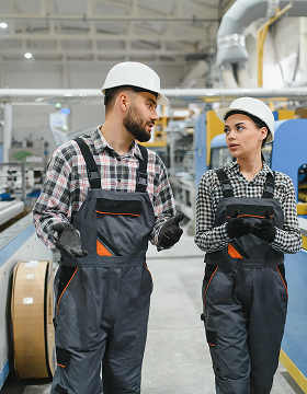 Two factory workers in helmets and overalls converse while walking through a bright, modern manufacturing facility, conveying teamwork and focus.